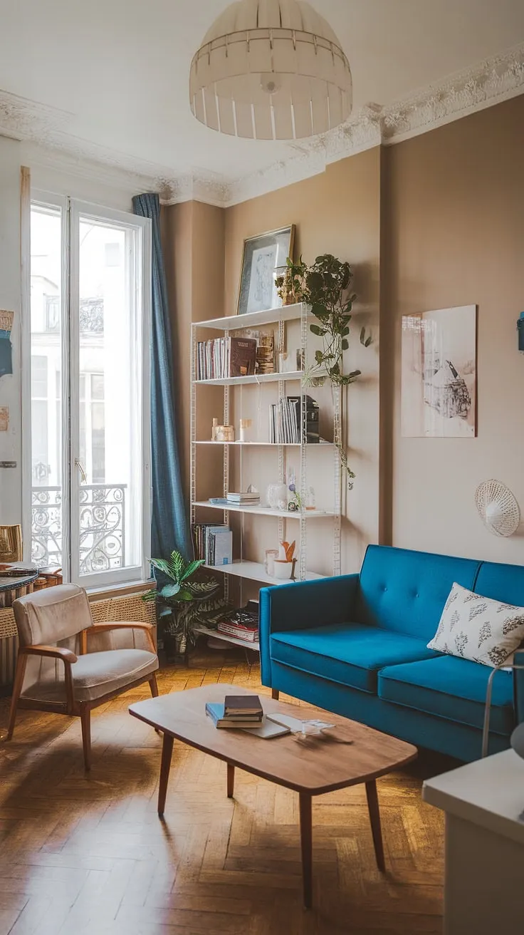Beige walls and wooden floors enhance the cozy atmosphere of this cute French-style apartment.