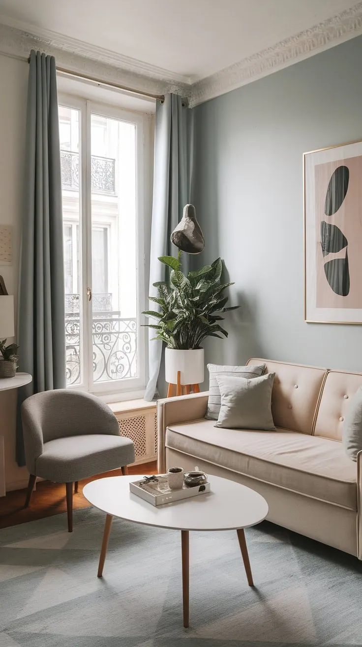 Light blue walls and a neutral color scheme highlight the elegant Parisian design of this compact yet stylish apartment.