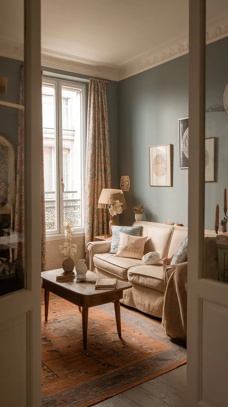 Cozy Parisian charm fills a small French apartment, its soft blue walls and vintage details creating a warm and inviting space.