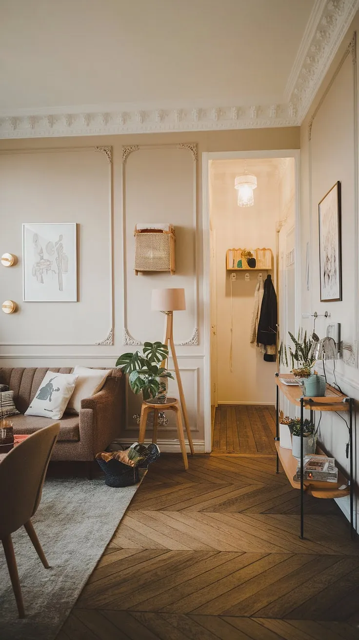 Charming Parisian apartment design maximizes small-space living with elegant decor and functional elements