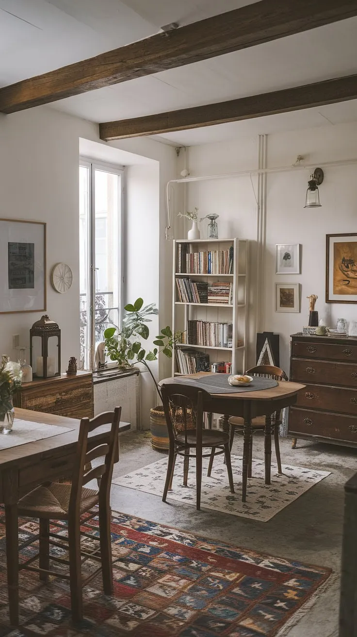 Rustic charm meets Parisian chic in this cozy French apartment, featuring wood beams, vintage furniture, and a touch of greenery.