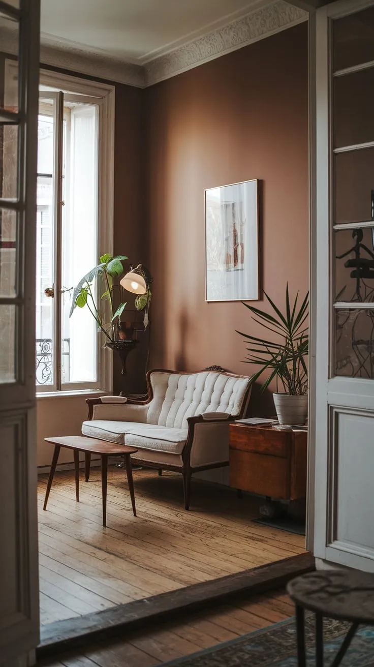 Elegant Parisian charm fills a small apartment with vintage furniture and muted hues