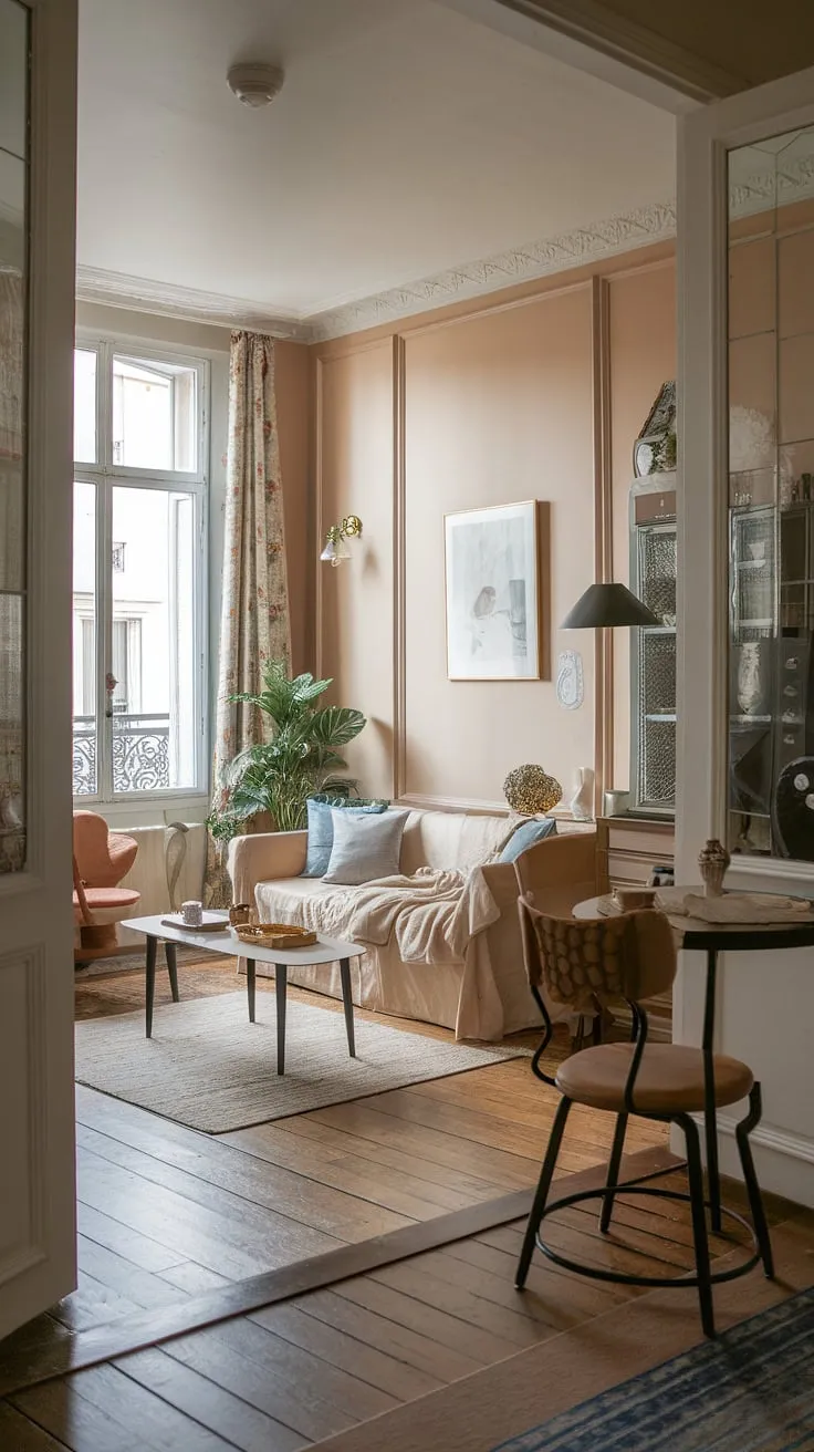 A charming Parisian apartment showcases a stylish small-space living design featuring soft colors and tasteful décor.