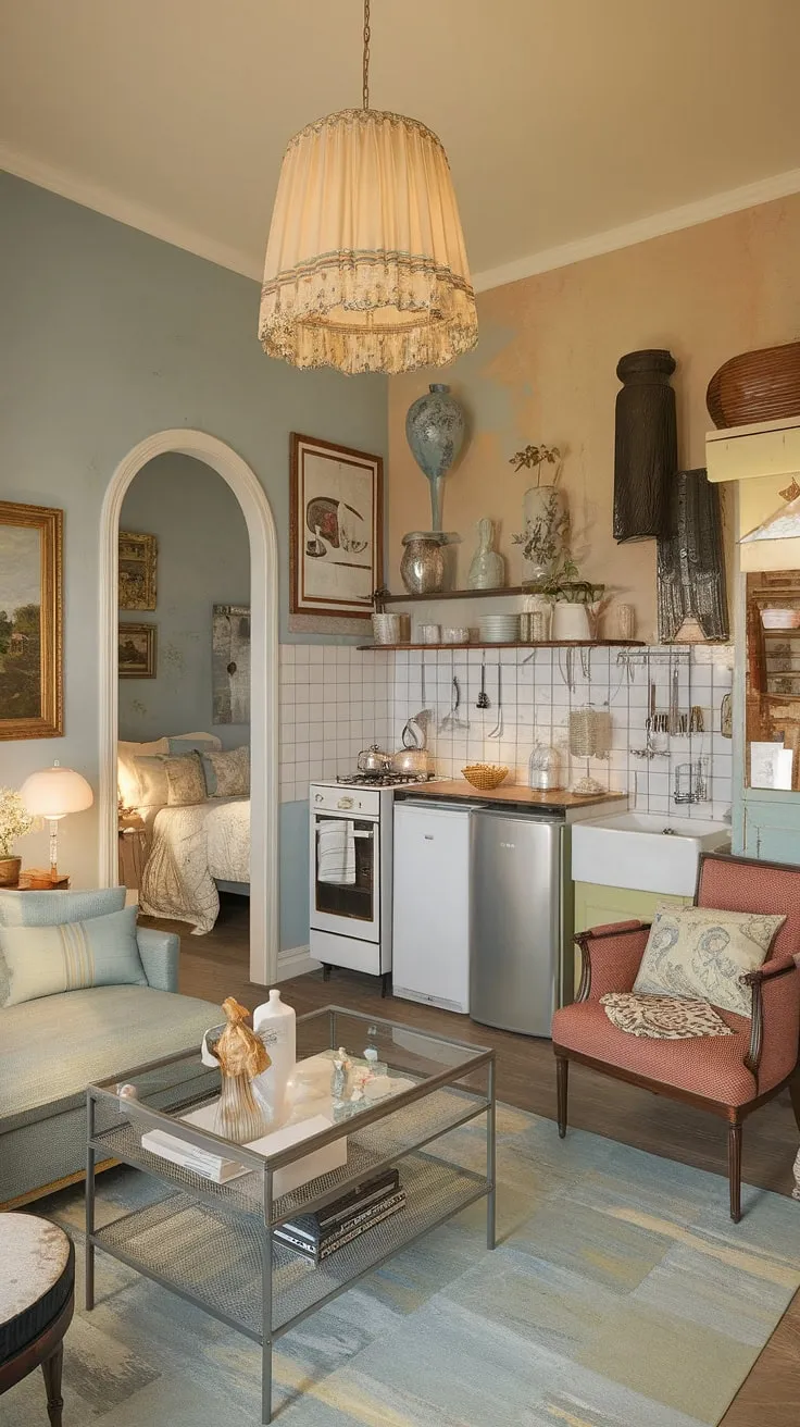 A quaint French country-style apartment offers a delightful blend of vintage charm and pastel colors within its compact layout.