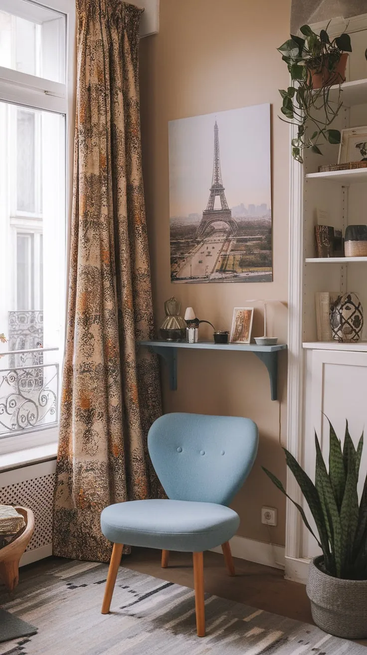 Beige walls and a touch of greenery complete the cute, compact French apartment design.