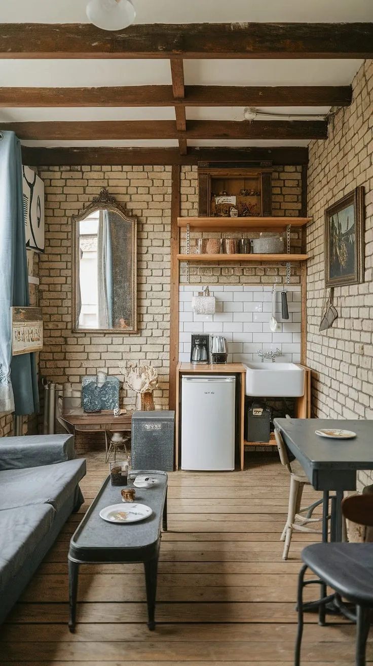 Enchanting Parisian charm fills a cozy apartment with exposed brick, wooden beams, and vintage details.