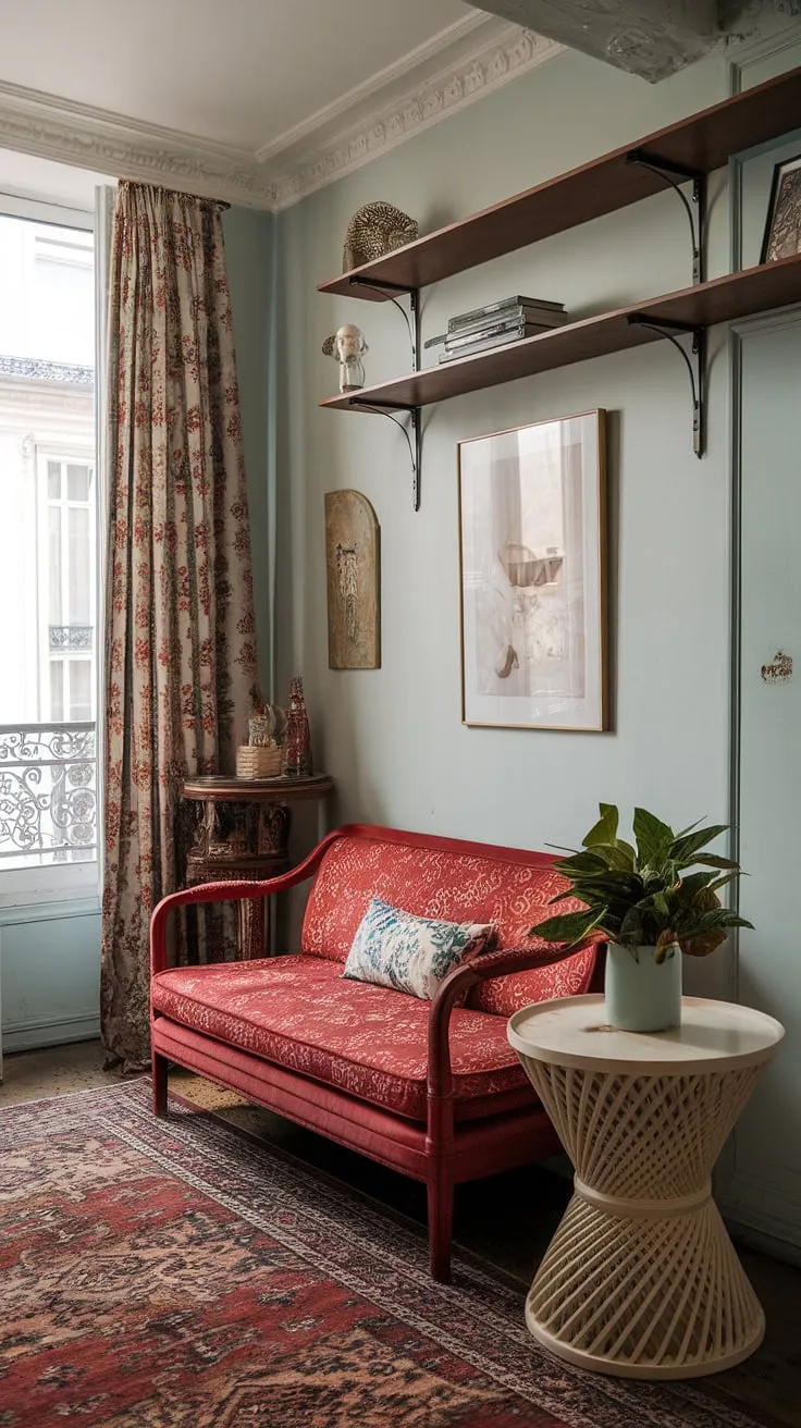 A charming Parisian apartment boasts a small-space vintage design with a red sofa, patterned rug, and light blue walls.