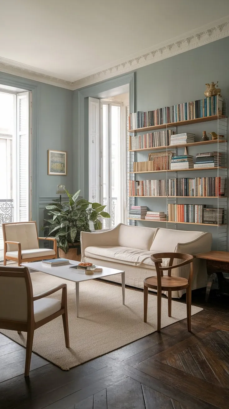 A charming Parisian apartment boasts a soft blue palette, dark wood floors, and simple furnishings creating a tranquil French aesthetic.