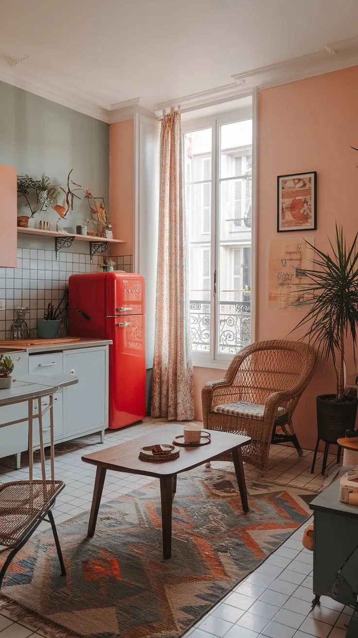 Charming Parisian apartment boasts a vintage aesthetic with pastel walls, patterned rug, and a pop of red from the kitchen fridge.