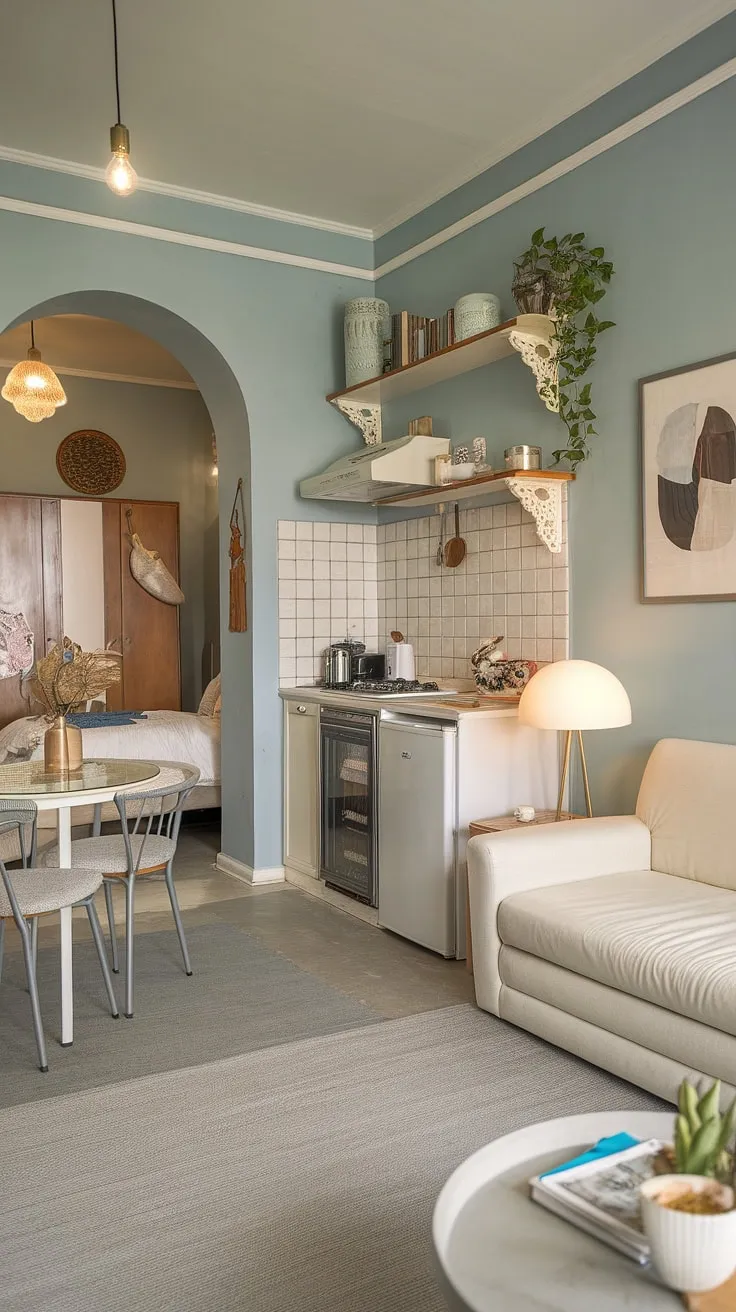 A charming Parisian apartment boasts a cozy aesthetic, featuring a soft blue palette, compact living spaces, and tasteful décor.