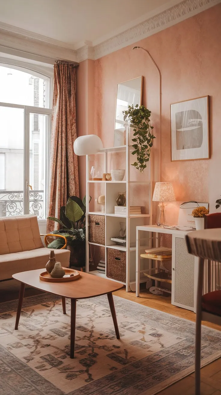 Light pink walls and a patterned rug enhance the cozy French aesthetic of this cute apartment.