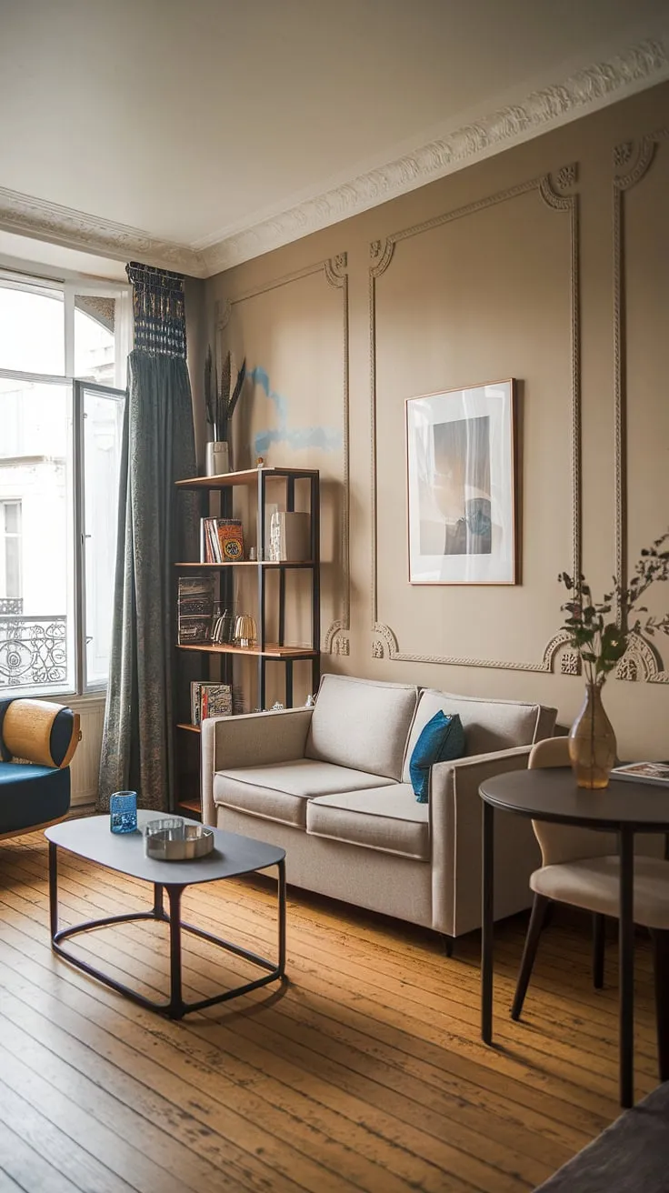 A chic Parisian apartment showcases small-space living in a stylish beige and grey scheme accented with blue.