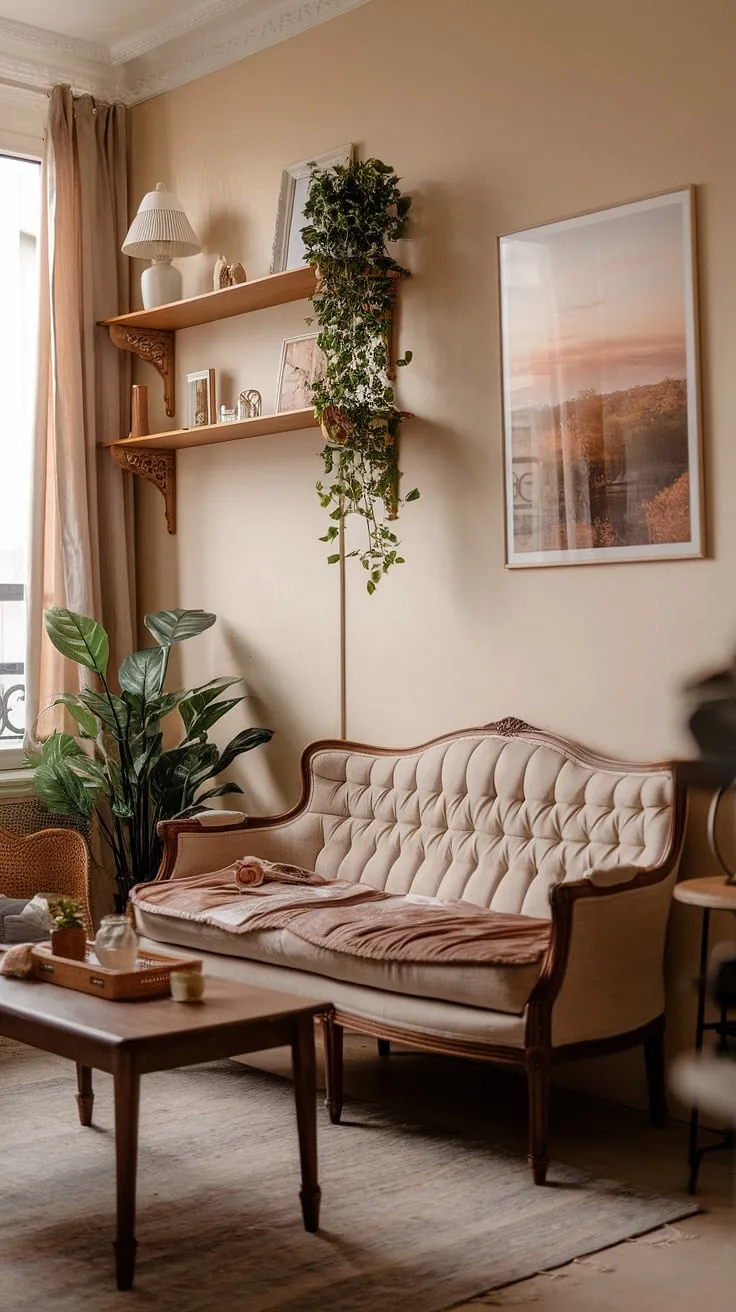 A Parisian-chic apartment boasts a cozy living area featuring vintage furniture and calming beige walls, enhanced by a landscape photograph and carefully chosen décor.