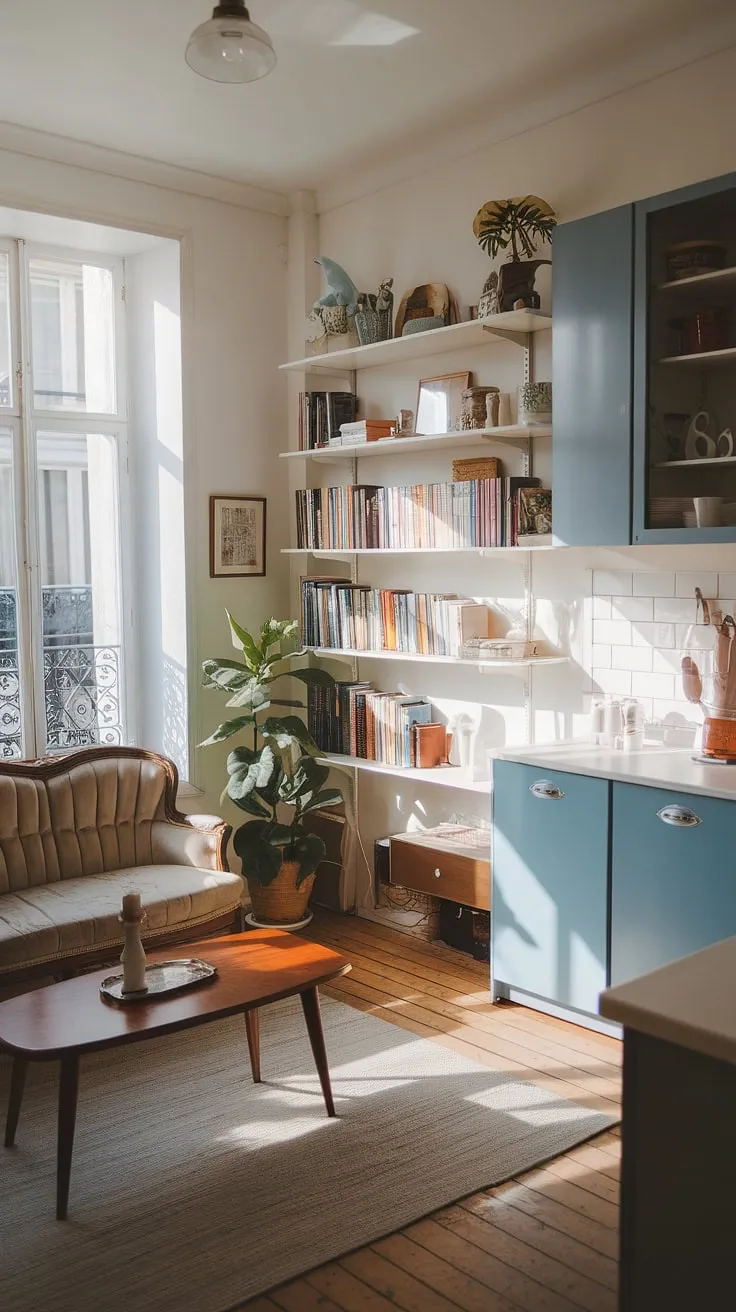 Sunlight streams into a charming Parisian apartment, illuminating a cozy living room and a quaint blue-cabinetted kitchen.