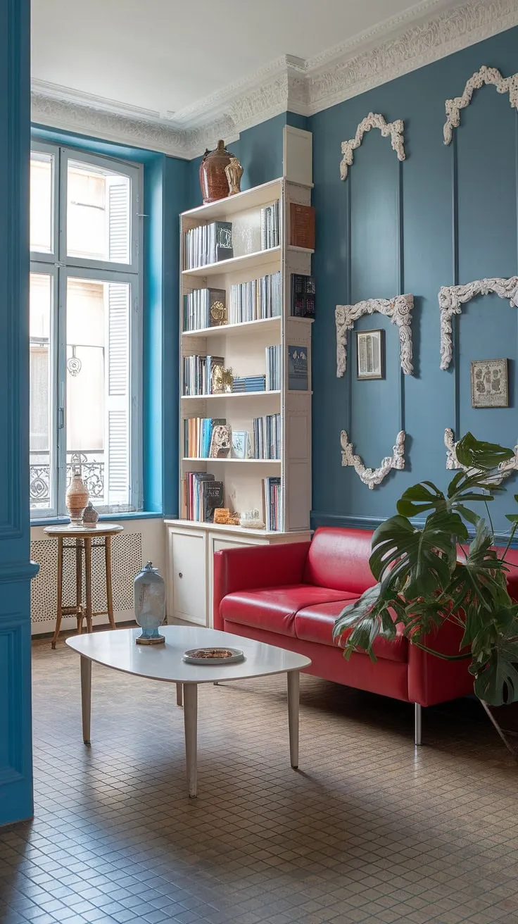 A cozy Parisian living room boasts a vibrant aesthetic, blending blue walls, a red couch, and charming book-filled shelves.