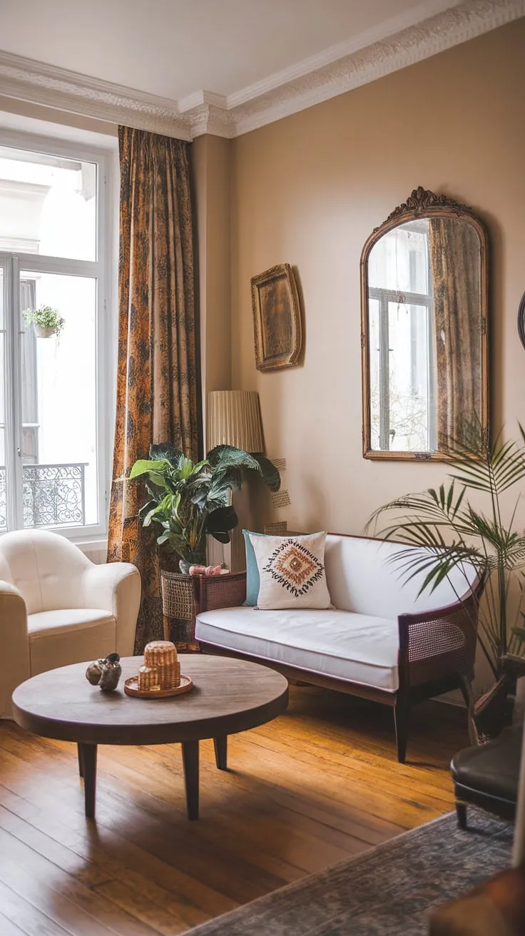 A chic Parisian apartment boasts a blend of vintage and modern design elements within its compact yet inviting layout.