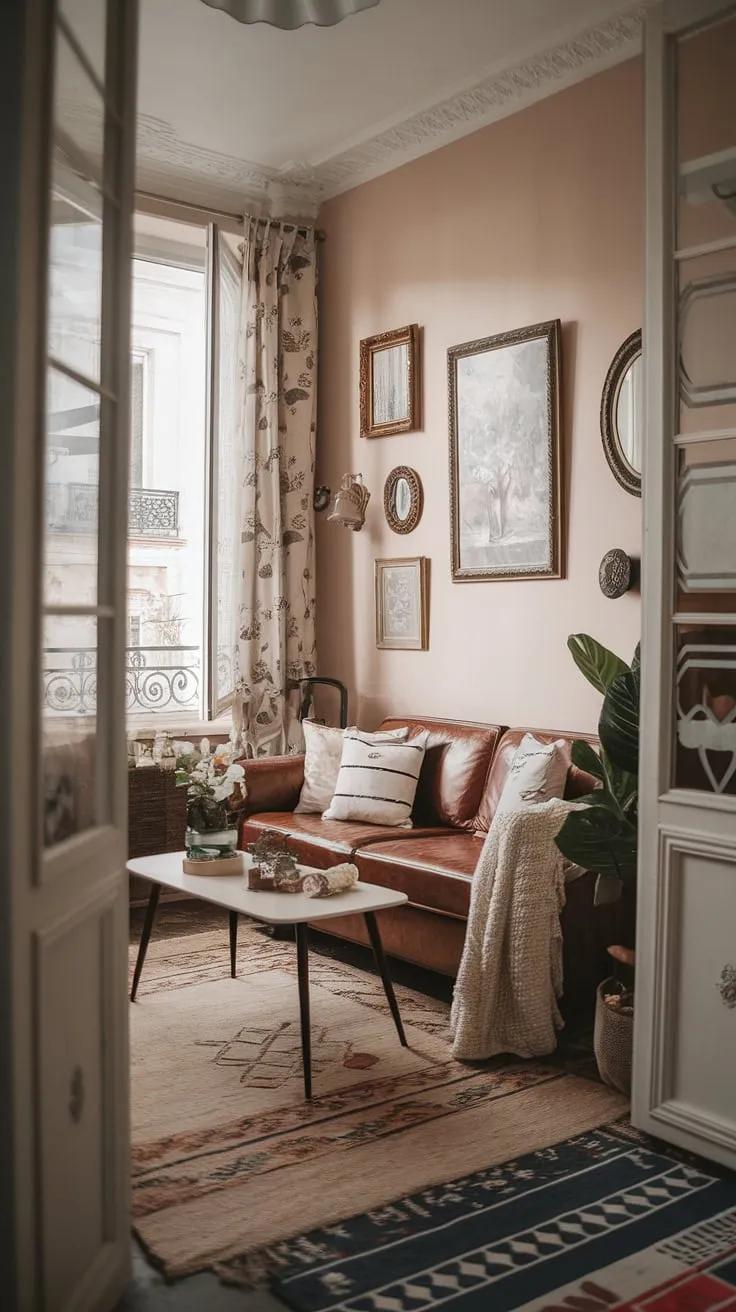 Charming vintage Parisian apartment design maximizes small space with stylish furniture and decor.