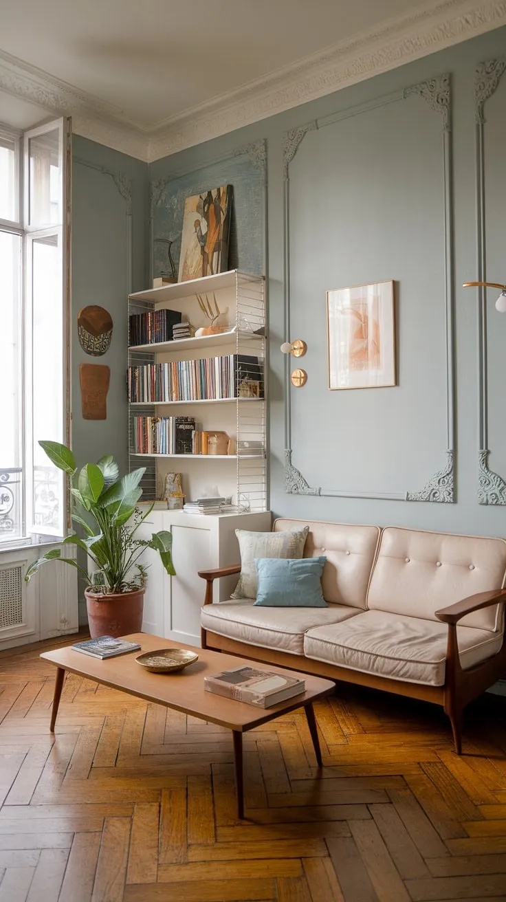 A charming Parisian apartment boasts a small yet stylish living area, complete with wooden floors and tasteful décor.