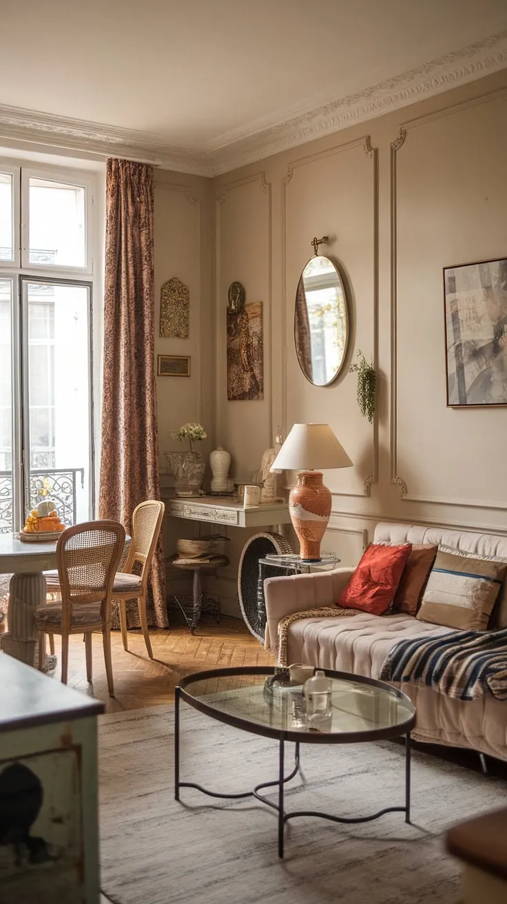 A charming Parisian apartment blends vintage and modern aesthetics in a small yet stylish living space