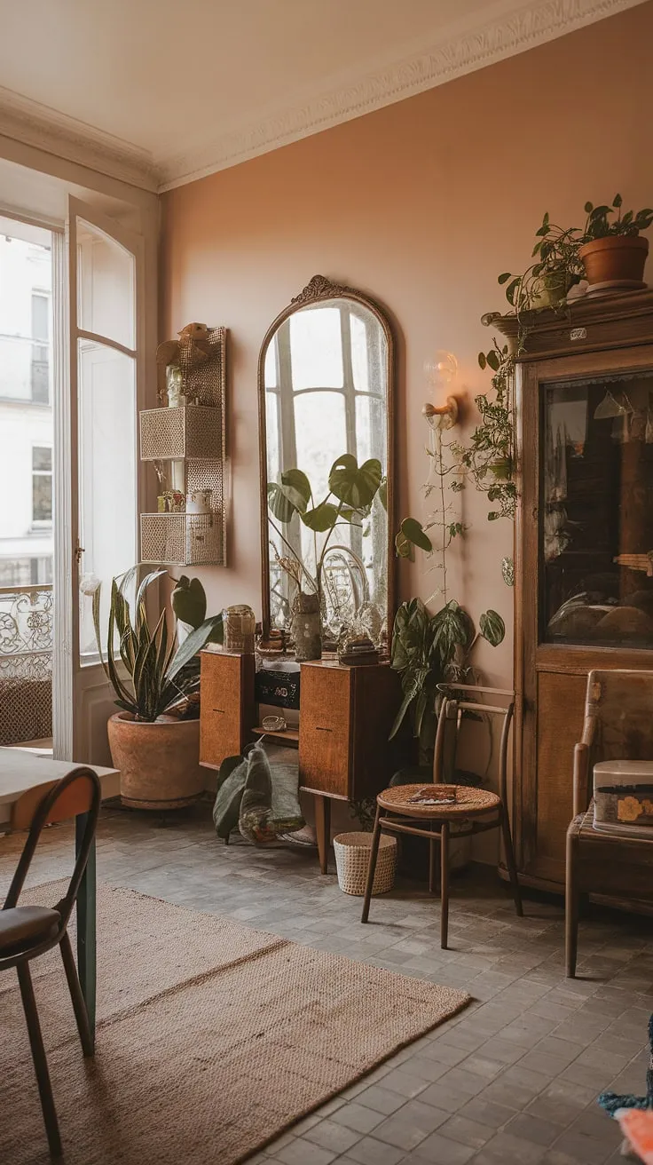 A cozy French apartment boasts a vintage aesthetic, highlighted by soft wall colors, tiled floors, and carefully chosen furniture.