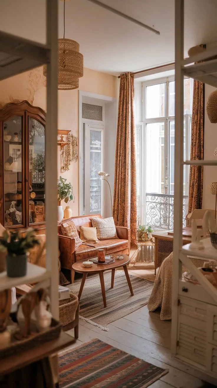 Warm lighting and a curated mix of wooden furniture and patterned textiles create a cozy and inviting atmosphere.