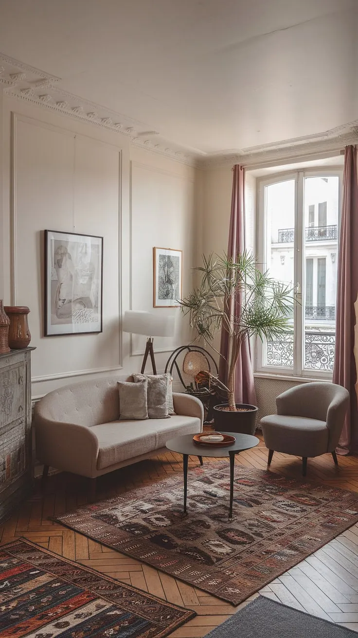 A Parisian-style flat exudes charm with its beige sofa, gray chair, and carefully curated artwork.