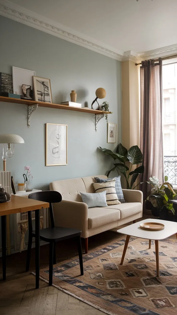 A charming Parisian-style apartment maximizes a small space with a sophisticated beige and black color scheme and carefully chosen accents.