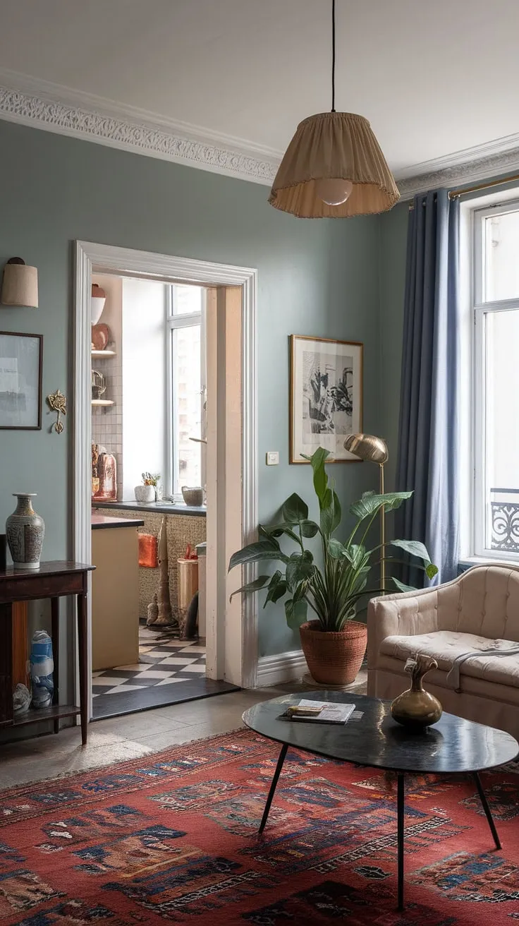 Sunlight streams into a charming Parisian apartment, its soft blue walls and carefully chosen details creating a cozy and inviting atmosphere.