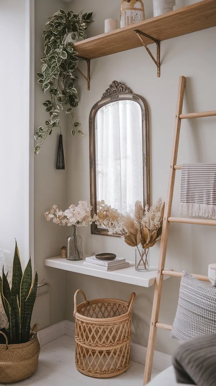 Elegant Parisian apartment design features a small space aesthetic with vintage charm and pops of greenery