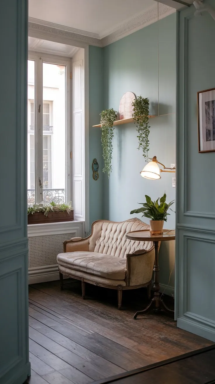 A charming Parisian apartment boasts a cozy vintage aesthetic in a small but inviting space.