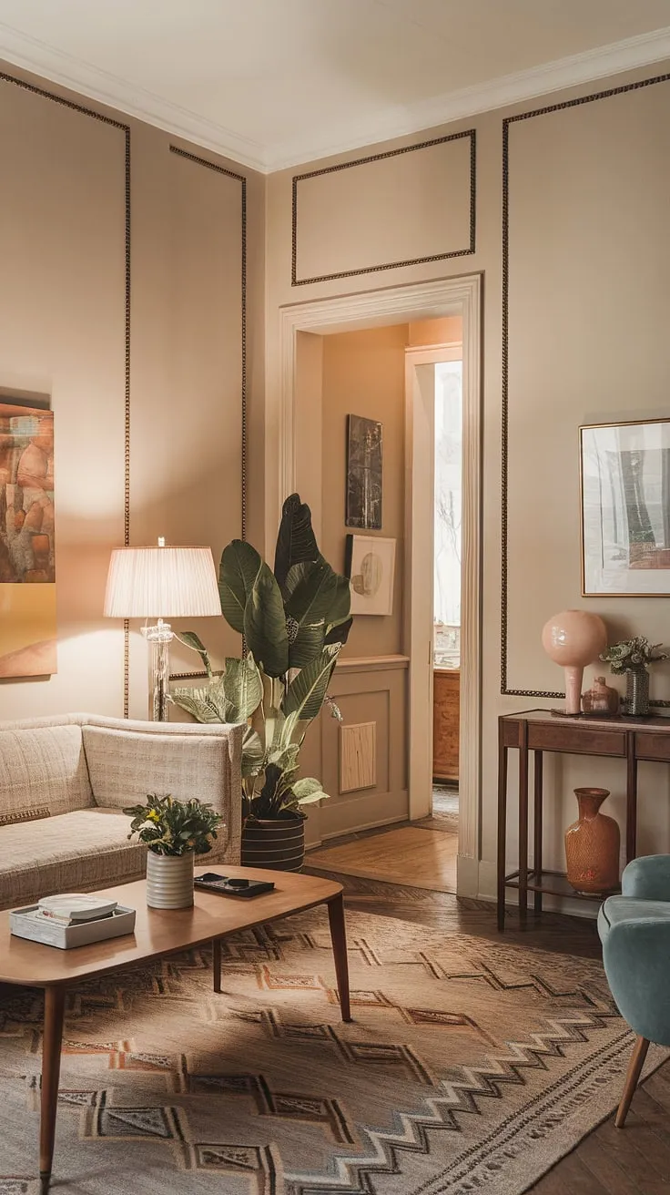 Warm lighting and vintage details create an inviting Parisian-style apartment.