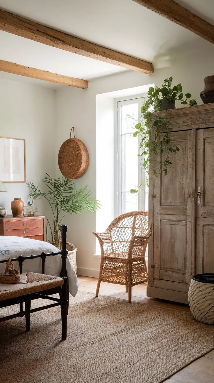 Elegant black and white French country charm fills a cottage bedroom with wooden accents and organic touches