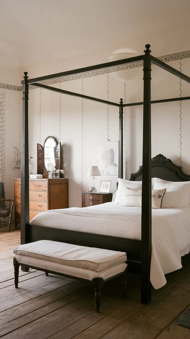 A black and white cottage bedroom evokes French country charm with its wooden furnishings and patterned walls.