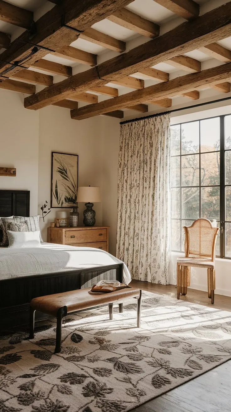 Sunlight streams into a charming French country bedroom, its black and white palette accented by rustic wood and floral patterns.