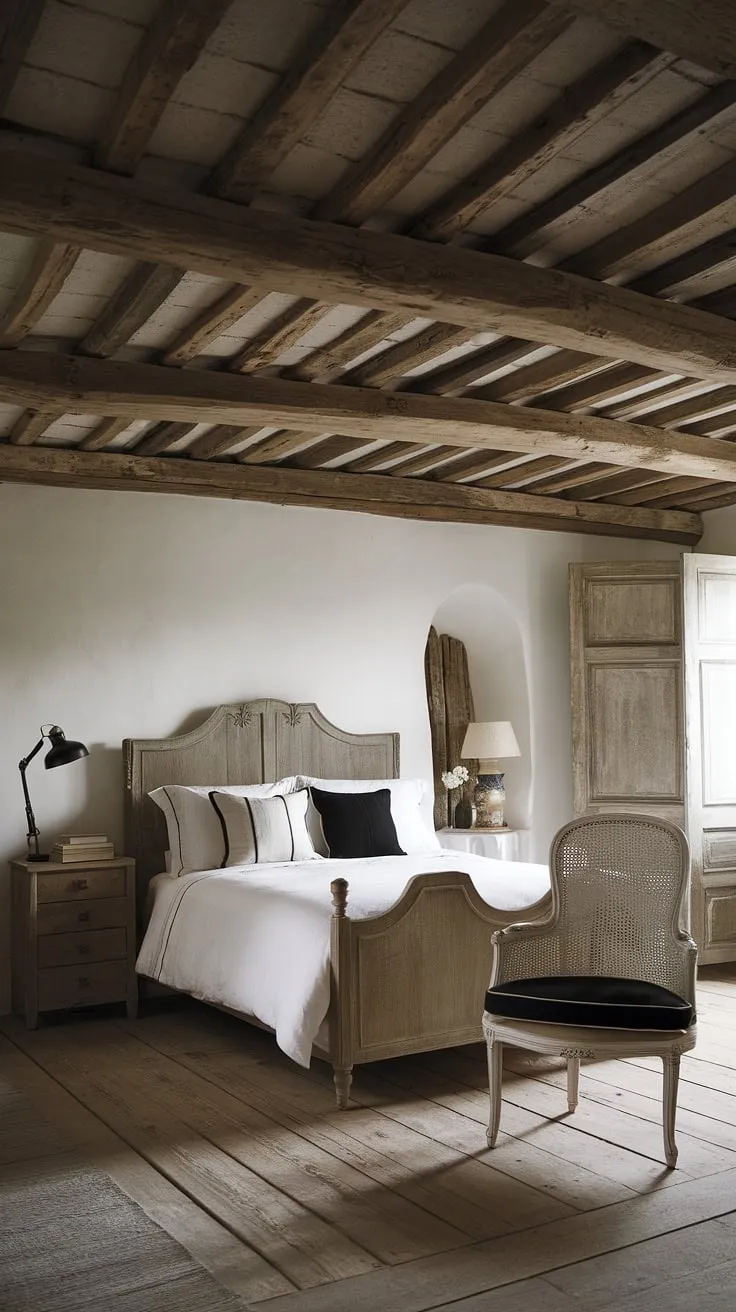 Elegant French country bedroom design features a monochrome palette and organic wooden accents