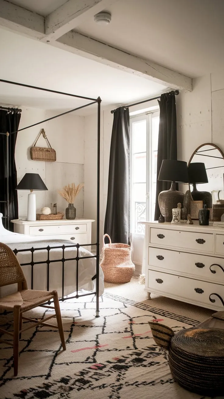 A black-and-white French country bedroom evokes a charming European cottage aesthetic with organic details and a canopy bed.