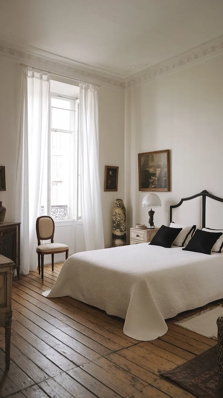 White walls and distressed wood floors create a serene atmosphere in this black-and-white themed French bedroom, accented with vintage details.