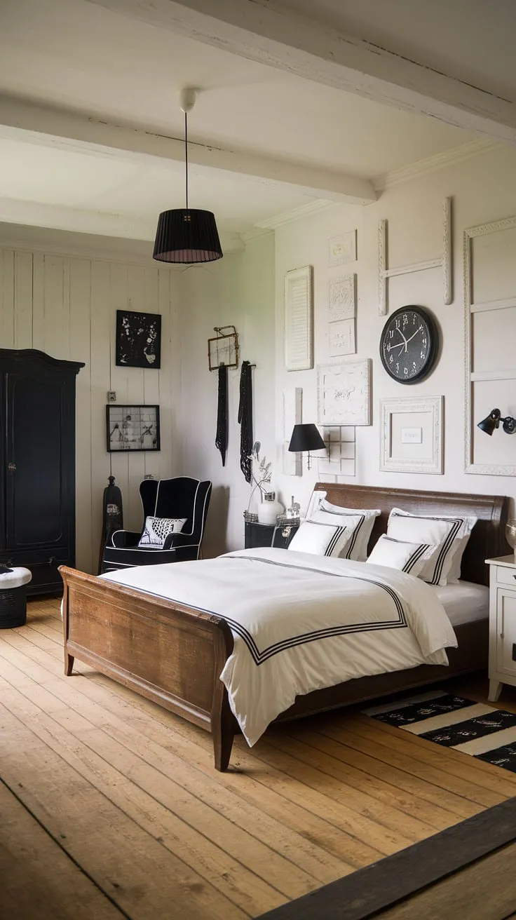 A chic French country bedroom boasts a black and white palette, highlighted by a large wooden bed and complementary furniture.
