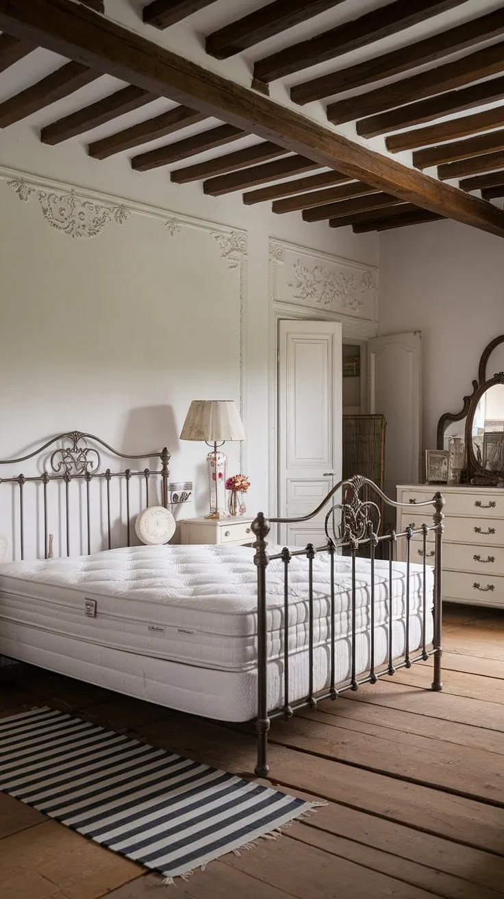 Elegant French country charm fills a black and white bedroom with a wrought-iron bed and vintage details