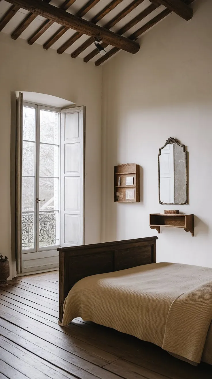 A vintage-inspired black and white French bedroom exudes peaceful elegance with its high ceilings and wooden details.