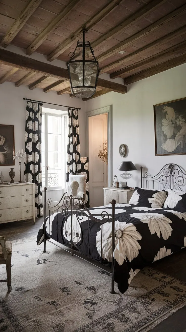 Elegant French country décor fills a black and white bedroom with a wrought iron bed and vintage charm