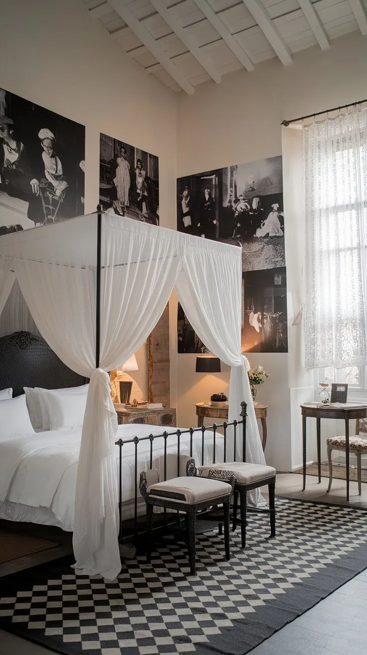 A king-size bed under a white linen canopy anchors a rustic French country bedroom, its high ceiling adorned with vintage black and white photos and a black and white checkered rug completing the elegant monochrome scheme.
