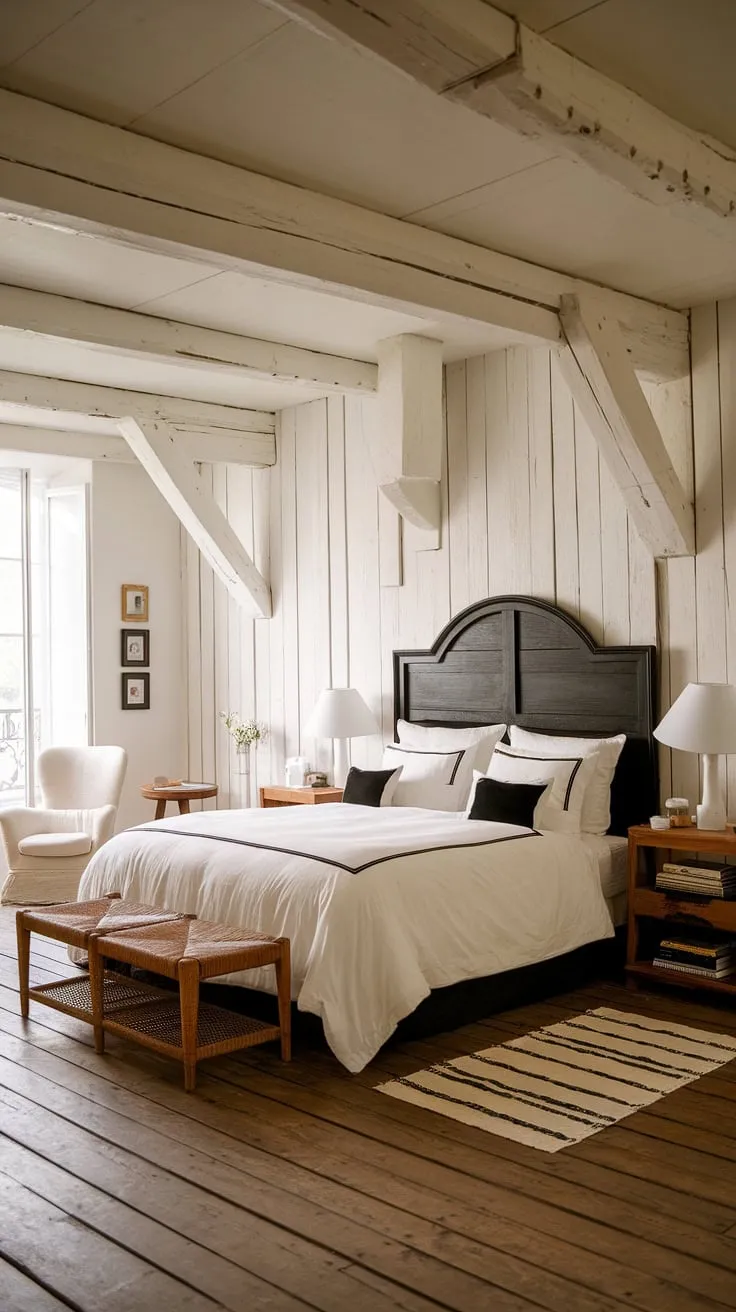 Elegant black and white French country bedroom design features a large wooden bed and organic textures.
