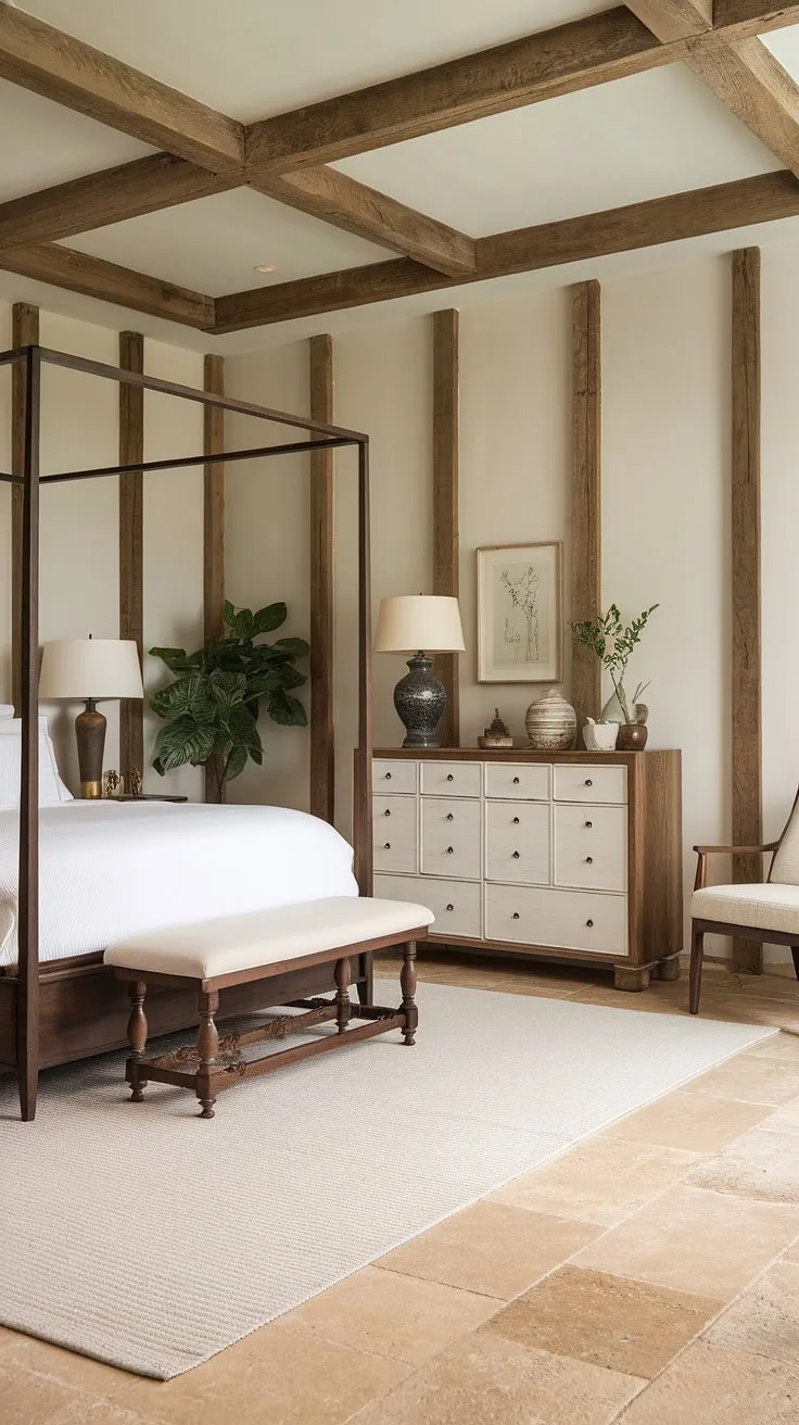 A rustic French country bedroom, bathed in natural light, features a large wooden bed and charming cottage details.