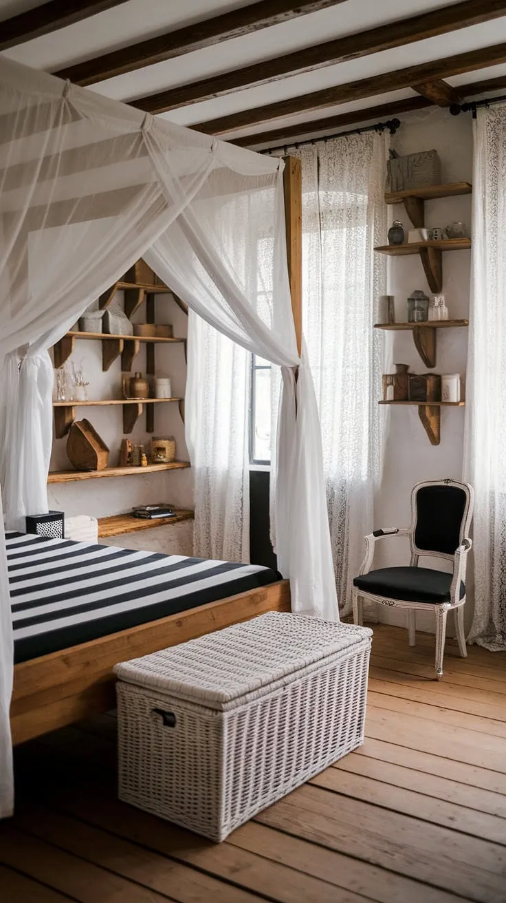 Rustic charm fills a French country bedroom with its black and white striped bed, wooden accents, and delicate lace.