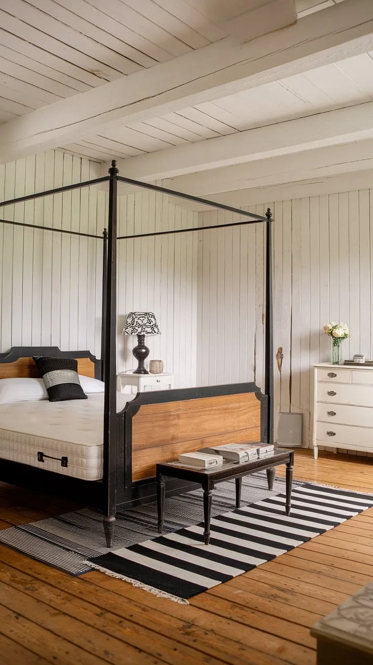 Rustic charm meets chic minimalism in a French country bedroom featuring a black and white palette and wood accents.