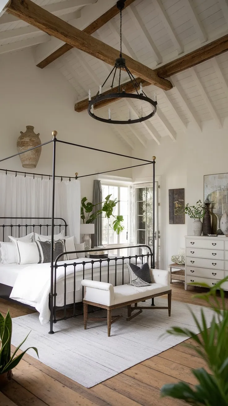 A black and white palette, high ceilings, and wooden beams create a sophisticated French country bedroom aesthetic.