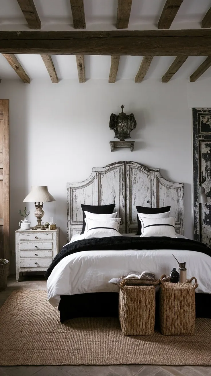 A charming black and white French bedroom evokes a sense of old-world elegance.