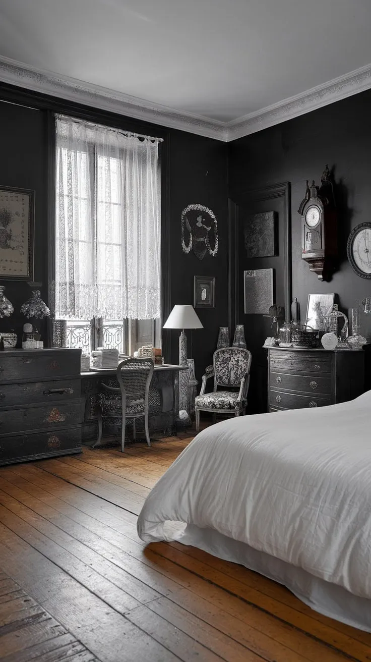 A black and white French bedroom evokes tranquility with its antique accents and simple elegance.
