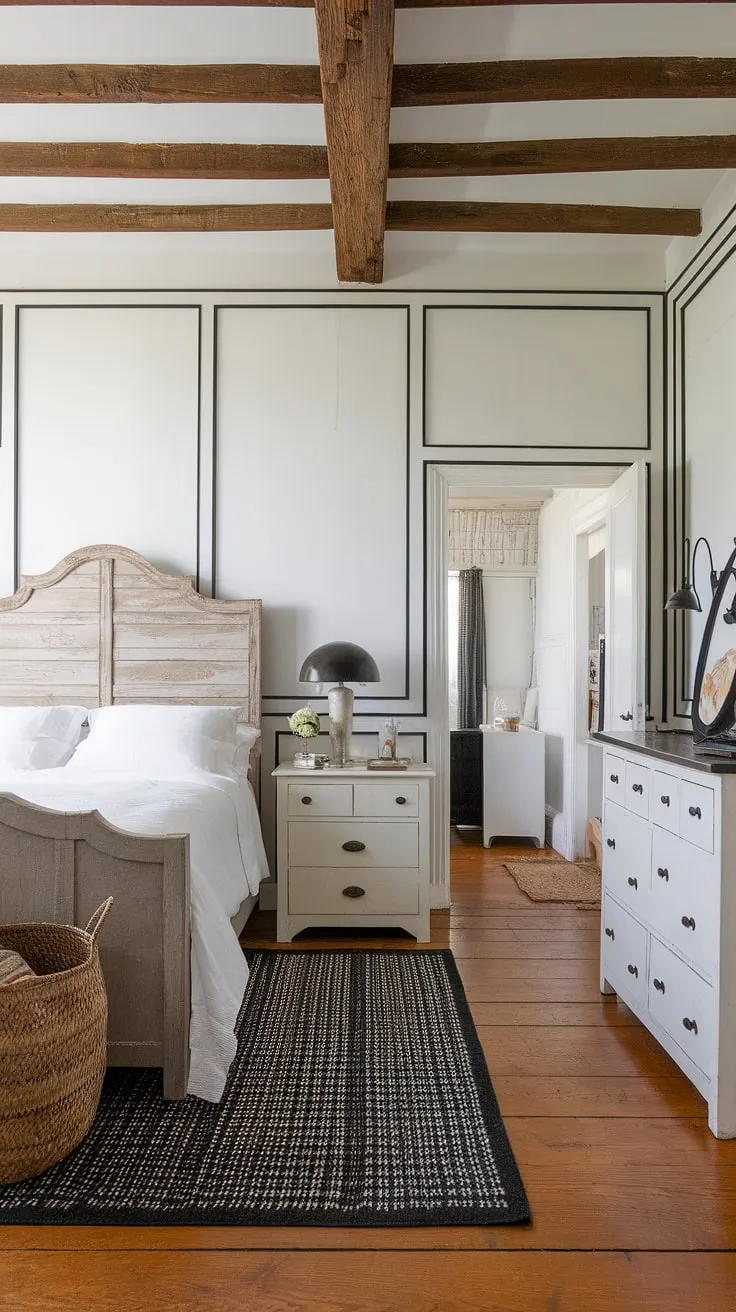 Elegant French country bedroom design features a striking black and white palette, highlighting hardwood floors and charming wooden accents